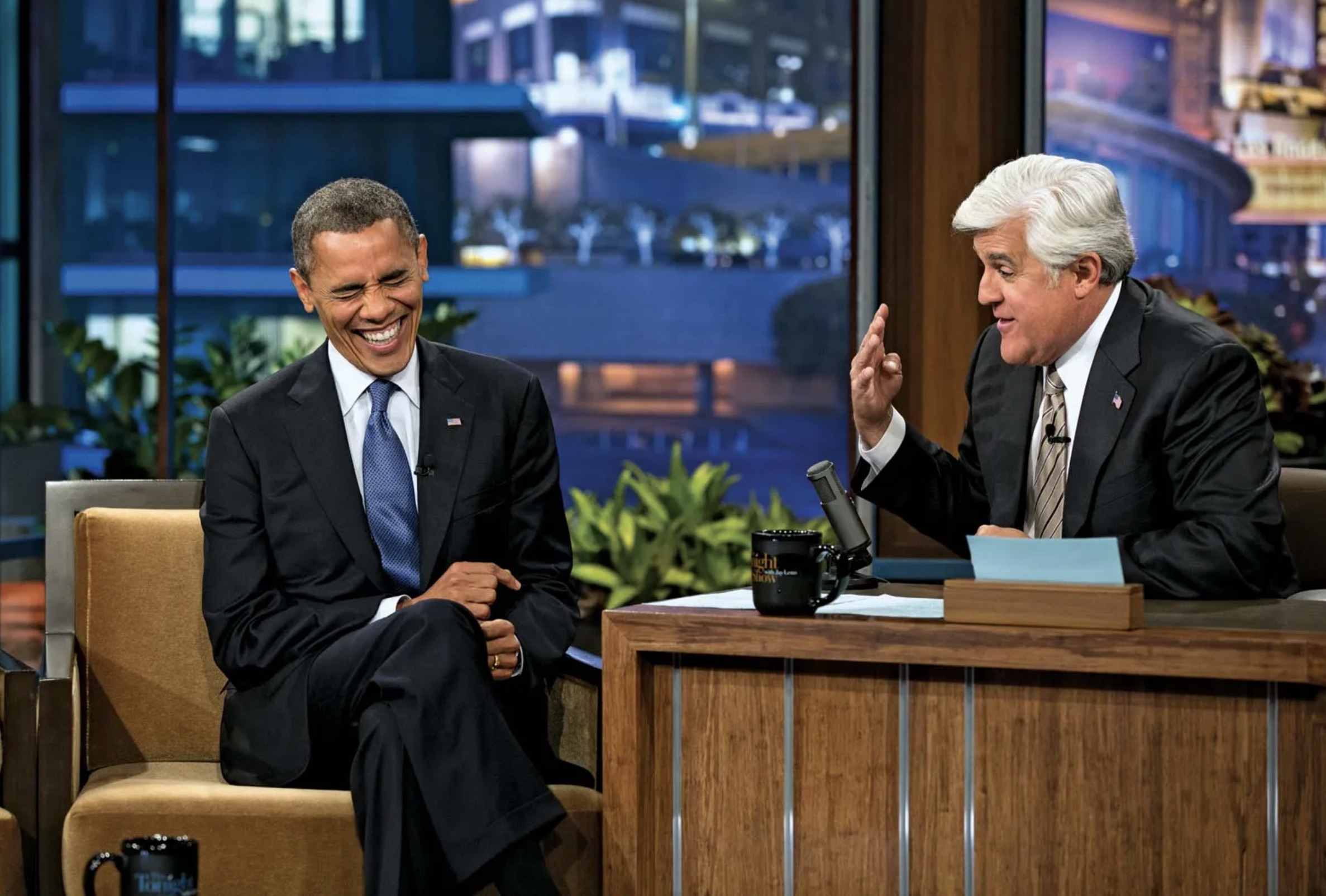 Leno hosting “The Tonight Show” with guest Barack Obama.